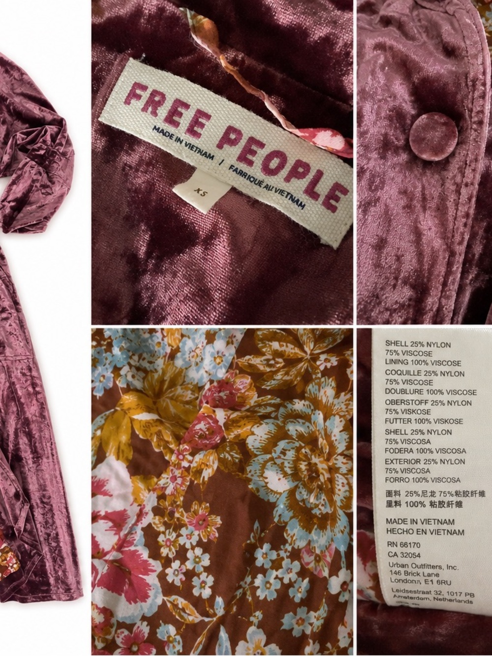 Free People Bella Donna Velvet Duster Coat Mauve Woods Floral Lined XS - Picture 2 of 2
